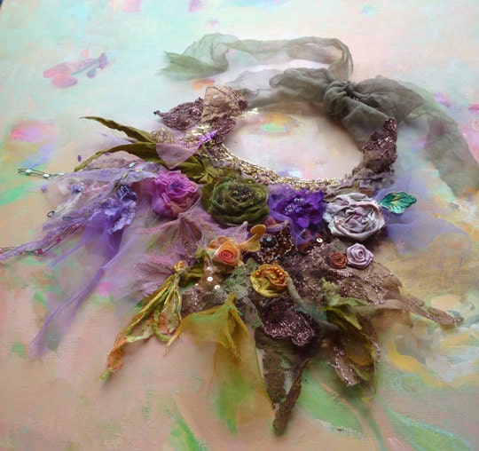 Necklace Beautiful Artisic textiles SPRING GREEN and VIOLET and ROSes and.... - Paulina722