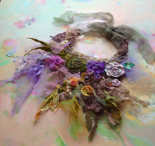 Necklace Beautiful Artisic textiles SPRING GREEN and VIOLET and ROSes and....