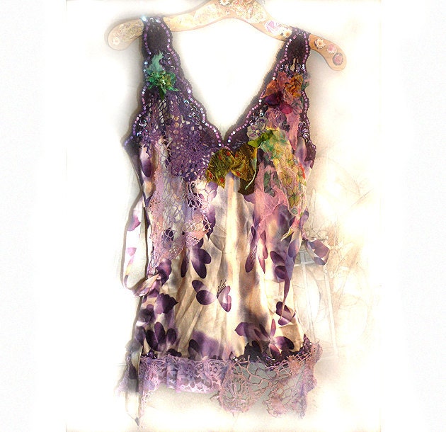 Reserved for Joan Lovely Unique Summer Evening Party SILK TOP Very Feminine Violet Green Lavender Croched Laces,