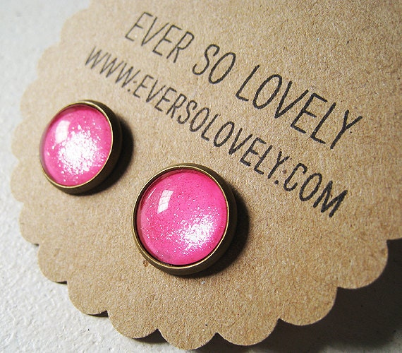hot pink sparkle handmade metallic nickel free post brass earrings - summer love