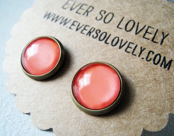 ON SALE - large coral pink earrings - handmade salmon pink sparkly metallic nickel free post earrings