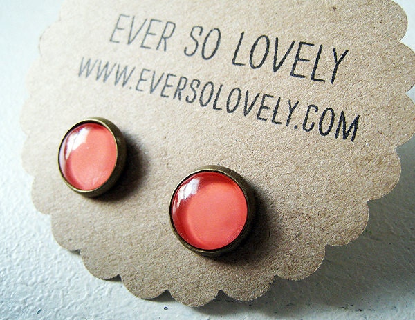 ON SALE - petite coral pink earrings - handmade salmon pink sparkly metallic nickel free small post earrings