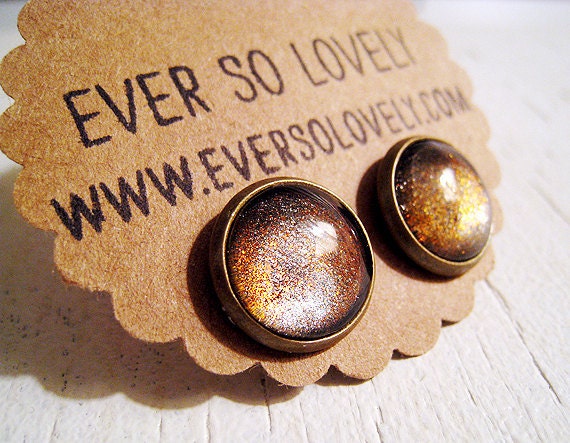 ON SALE - copper sandstorm earrings - brown and golden tan round sparkly metallic nickel free post