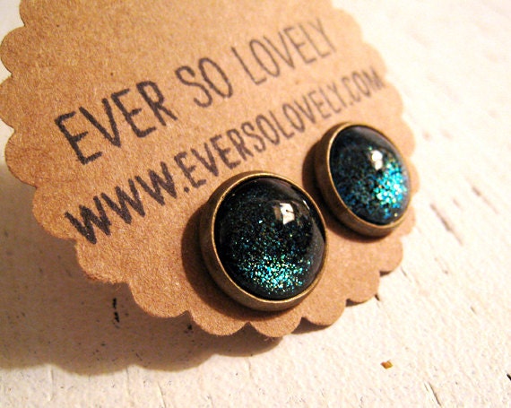 dark black blue green sparkly metallic nickel free post earrings - summer nights and shooting stars