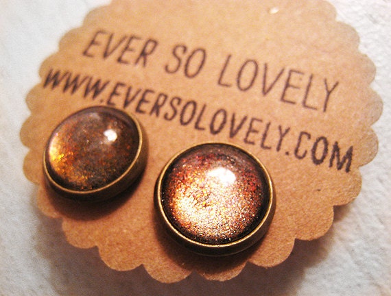 ON SALE - copper sandstorm earrings - brown and golden tan round sparkly metallic nickel free post