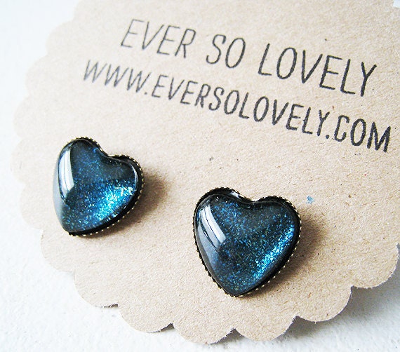 dark black blue green sparkly metallic heart nickel free post earrings - summer love and shooting stars