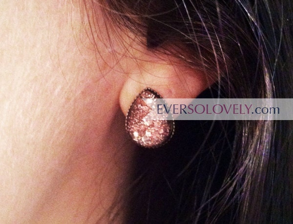 pink rain - teardrop earrings - metallic gray and pink post earrings - handmade sparkly pink nickel free post earrings