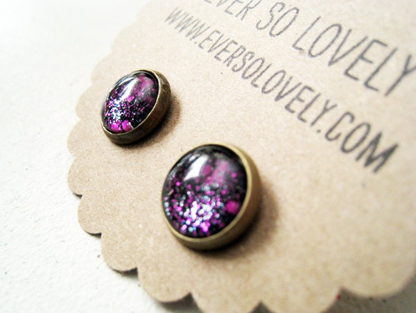 tiny summer nights and starry skies - handmade black dark purple sparkly metallic nickel free post earrings