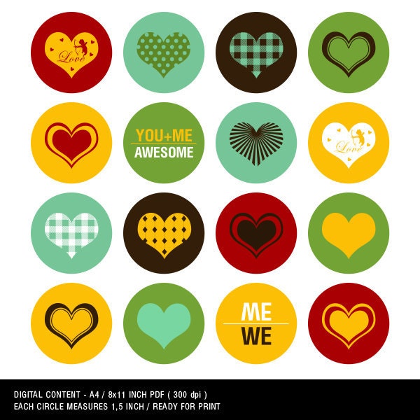 Valentine's Digital Collage Sheet - 1.5 inch disco hearts circles
