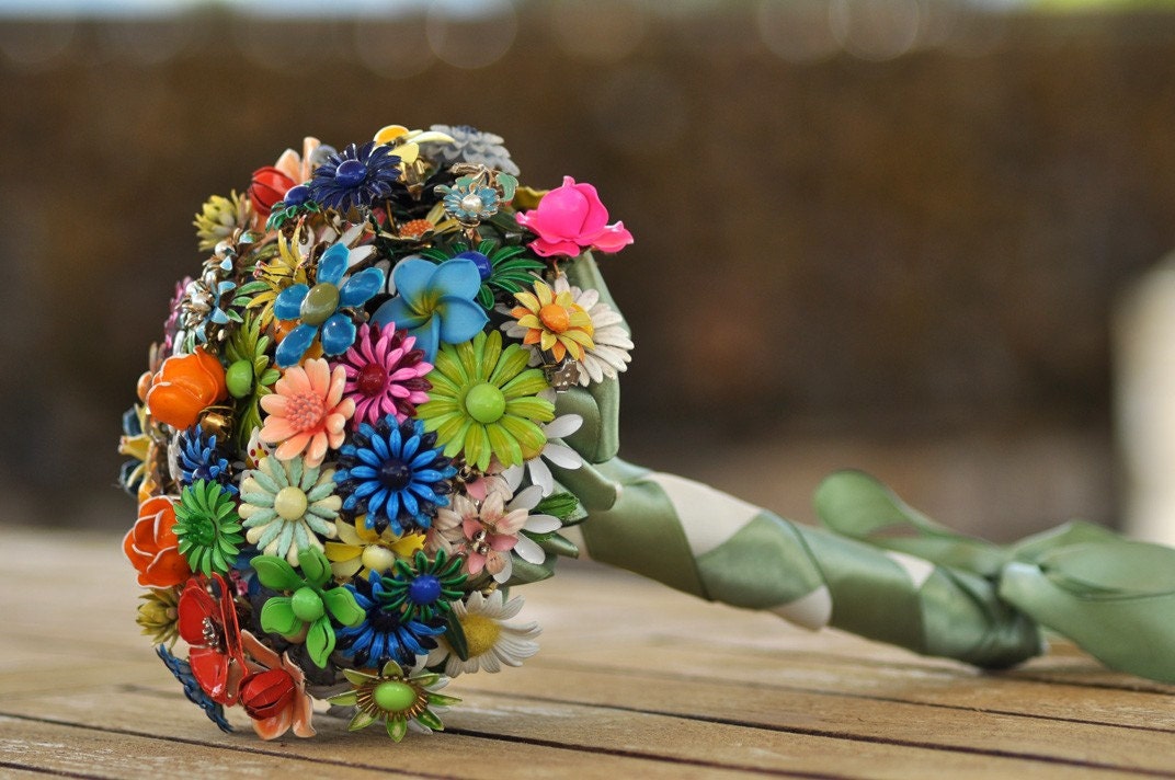 Micro Wedding Brooch Bouquet - Bright colored flowers, pink, green, yellow, purple, blue, white and orange