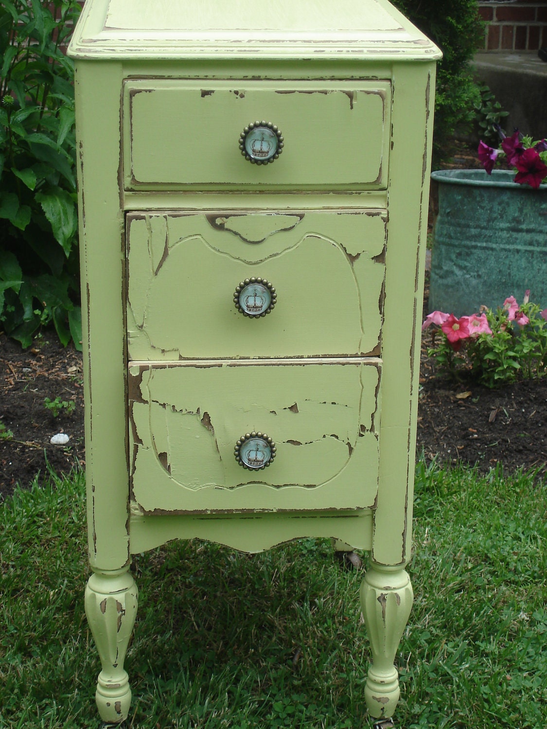 RESERVED FOR JULIE/Vintage Shabby Three Drawer Nightstand/ Side Table