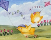 Fine Art Animal Print  Baby Chicks Kite Flying in March Janet Zeh