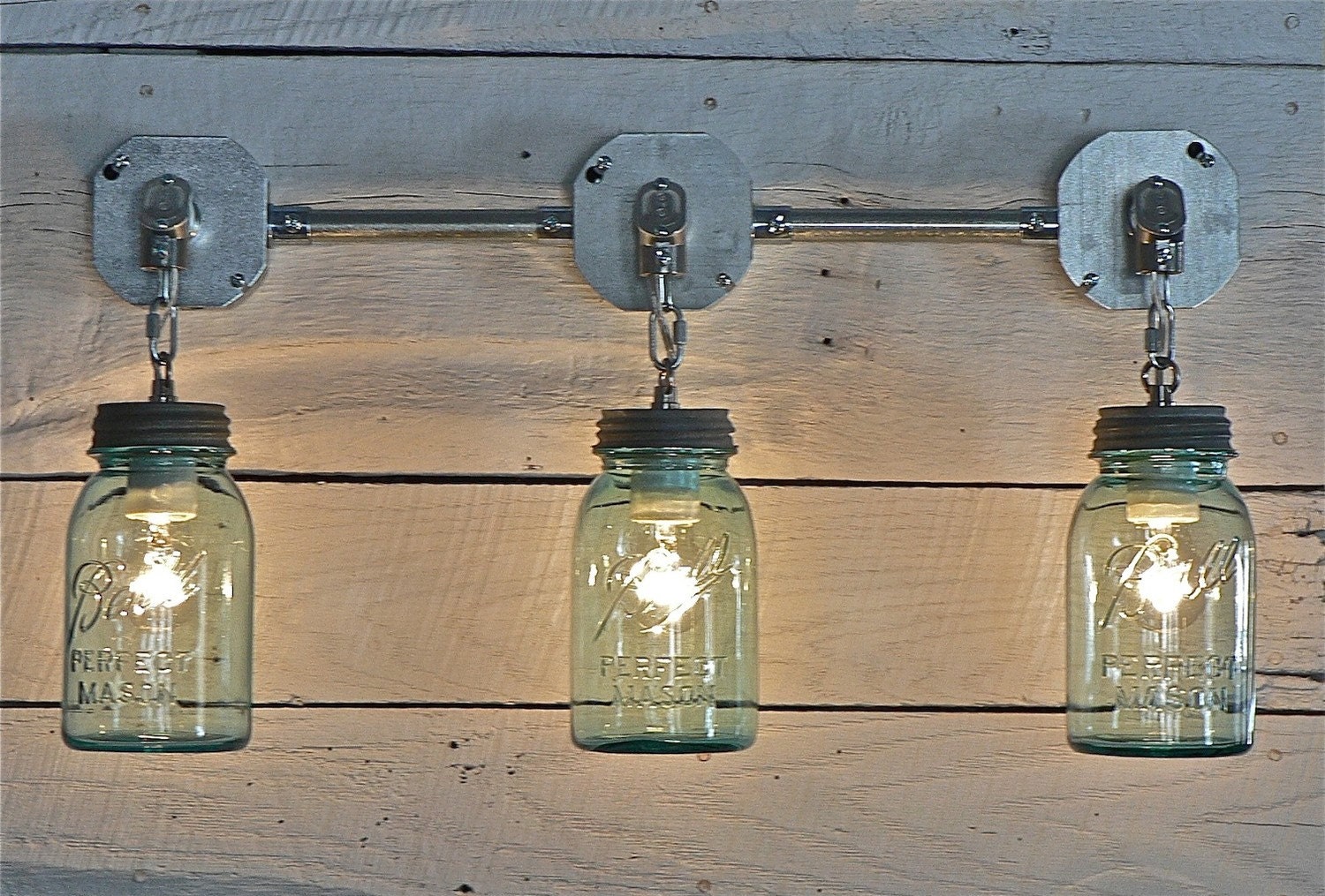 Handcrafted Blue Green Vintage Mason Three Jar Sconce Light