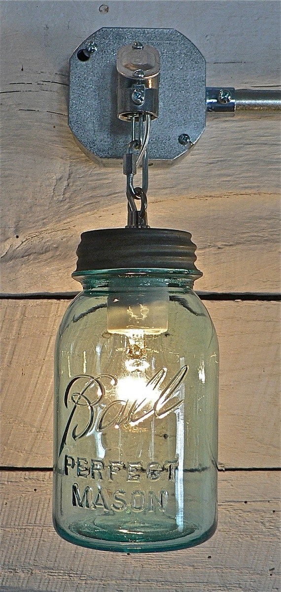 Handcrafted Blue Green Vintage Mason Three Jar Sconce Light