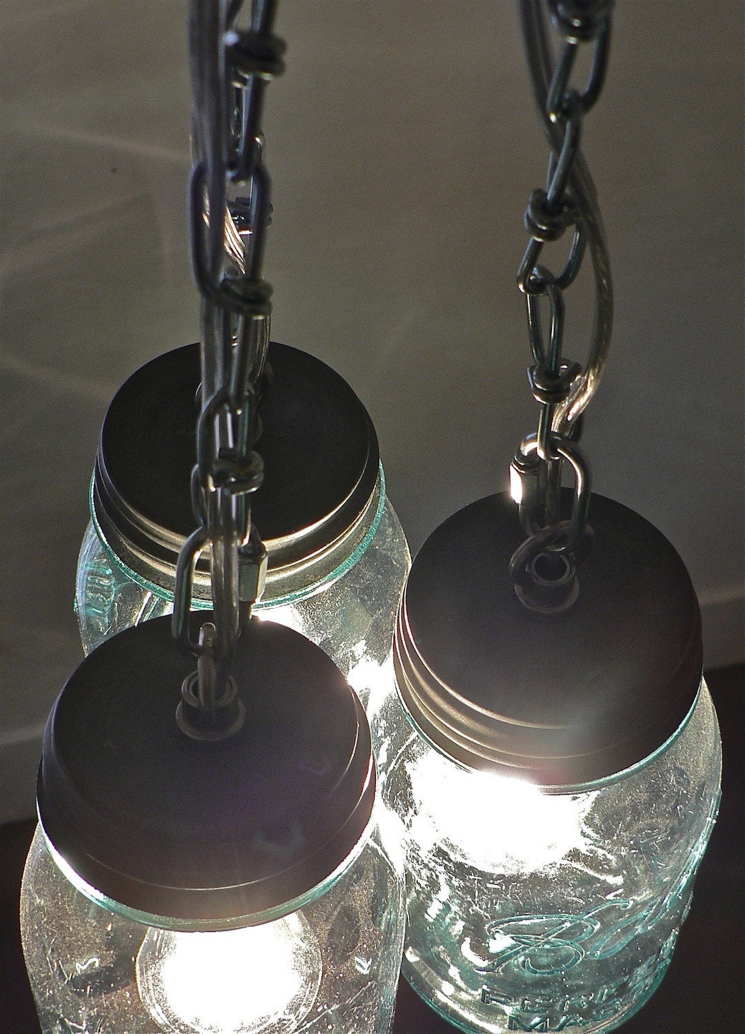 Handcrafted Blue Green Vintage Mason Three Jar Pendant Light