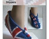 Union Jack Adult Slippers PDF knitting pattern.  See description reference free pattern promotion.