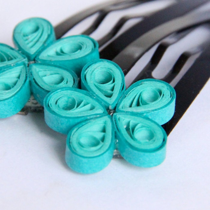 Neon Flower Hairclips Aqua Daisies Handmade by Paper Quilling Eco Friendly Artisan Jewelry