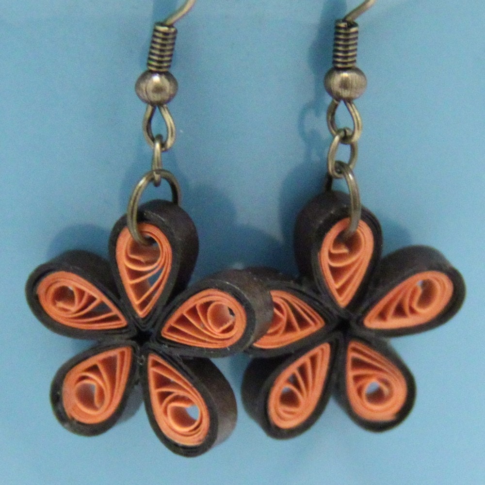Eco Friendly Earrings Orange and Brown Flowers Paper Quilled Artisan Jewelry