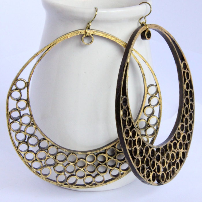 Statement Earrings Extra Large Crescent Brown and Gold with Gold Niobium Earring Hooks Eco Friendly Fashion Jewelry, Artisan Jewelry