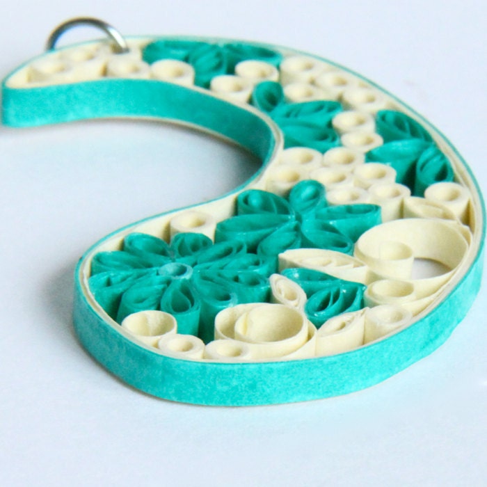 Paisley Pendant Aqua and Ivory Handmade by Paper Quilling on niobium jumpring OOAK