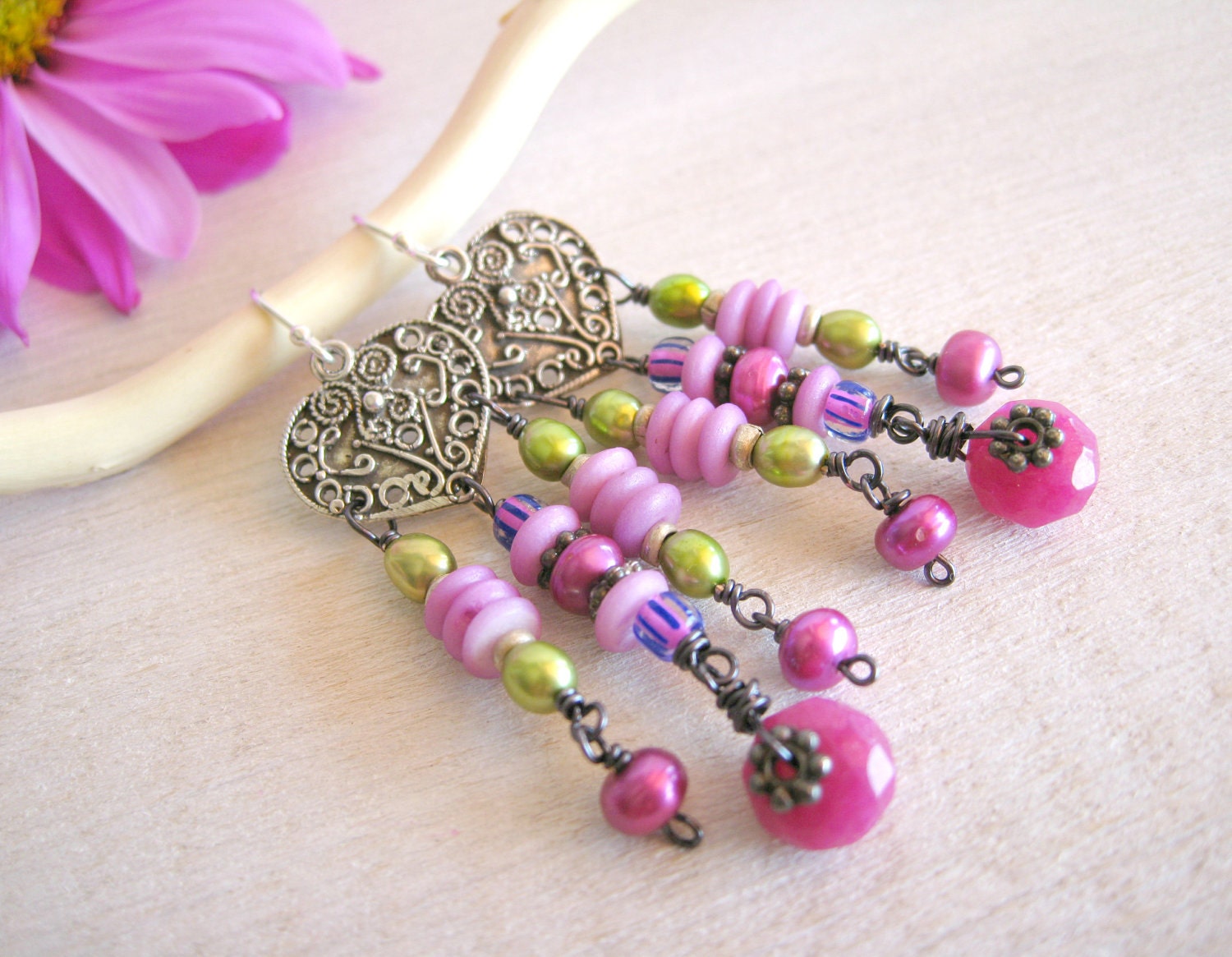 Magenta Bohemian Earrings, Chandelier Earrings, Bohemian Jewelry, Romantic Shabby Chic