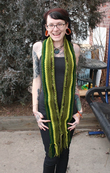 Green Striped Crochet Scarf