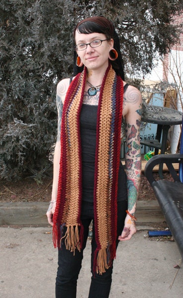 Red Brown and Blue Multicolored Striped Crochet Scarf