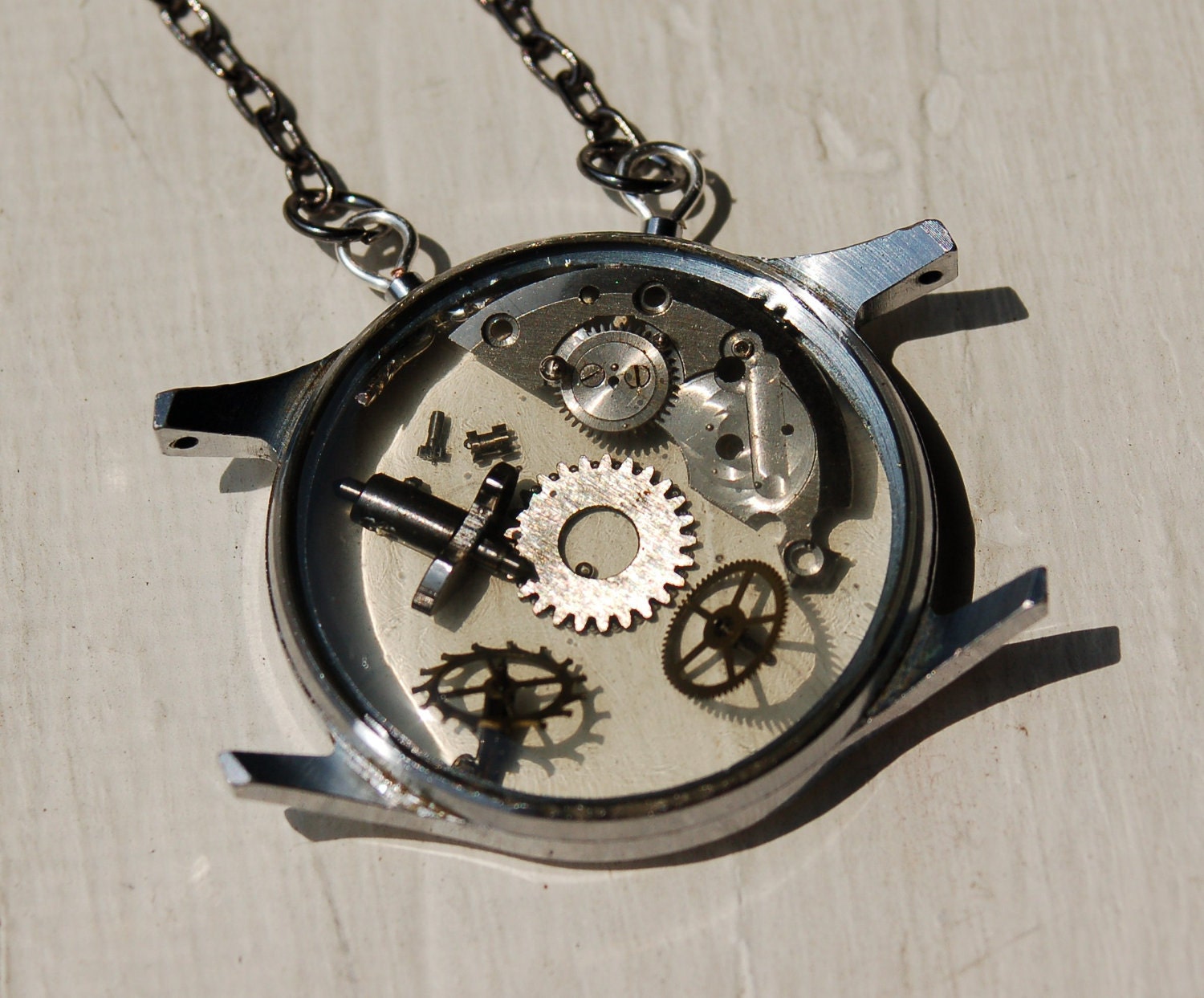 steampunk stainless steel neckace - handmade artisan designed recycled vintage watch movement - vintage stainless steel - recycled time