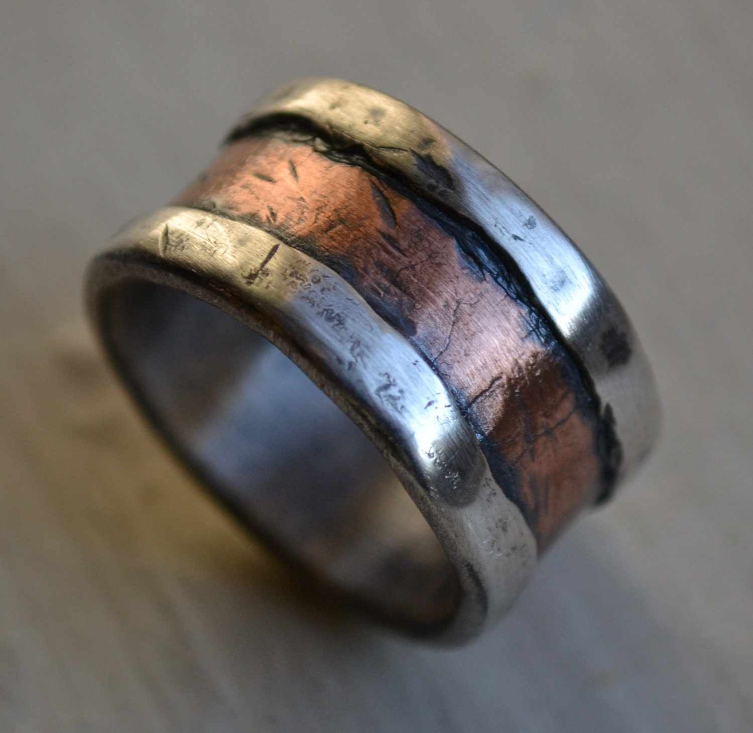 mens wedding band - rustic fine silver and copper - handmade hammered artisan designed wide band ring - manly ring - customized