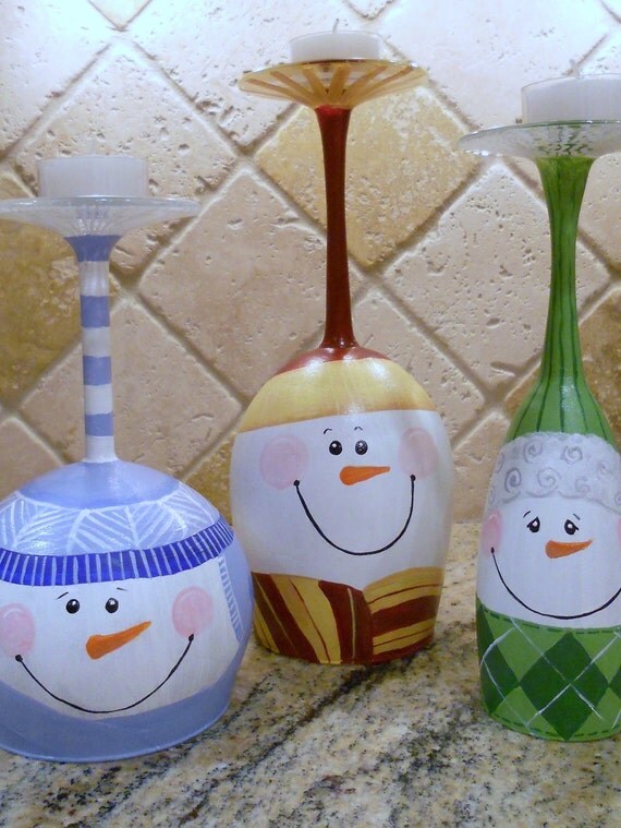 Wine Glass Snowmen Candle Holders Set of 3