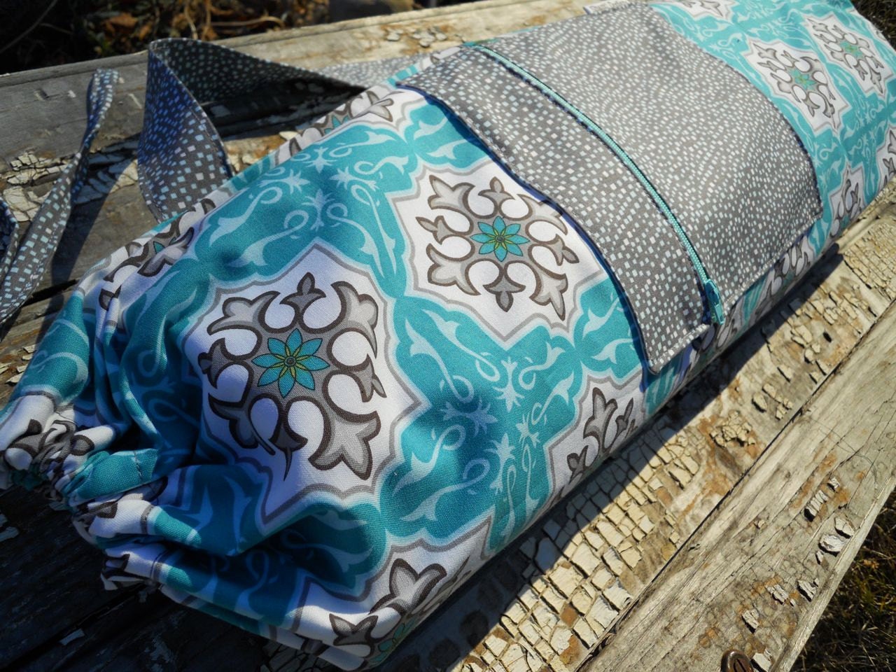 Yoga Bag in Turquoise and Grey Mandalas with a Zipper Pocket