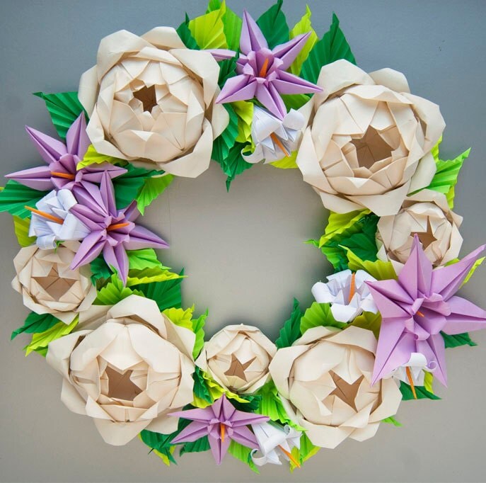 Cream Rose and Lavender Clematis  Origami Wreath