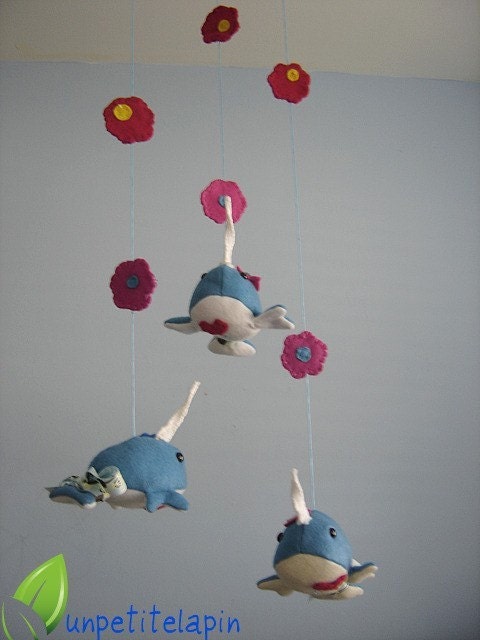 Baby Mobile Whimsical Narwhal Mobile Nursery Decor Ocean mobile Blue white