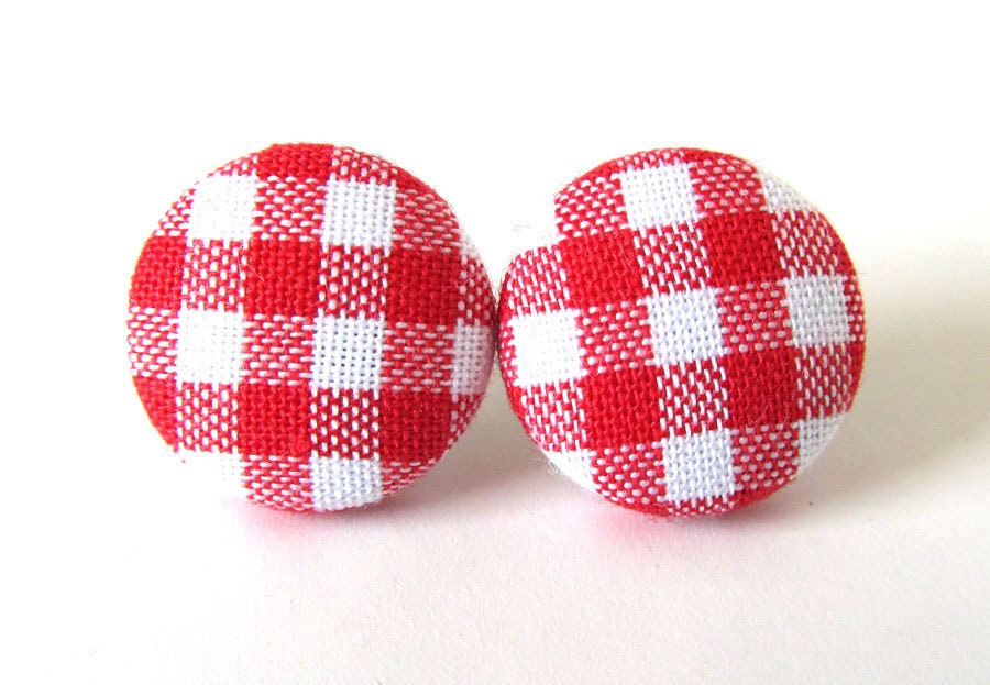 Red gingham stud earrings spring button white plaid tartan check