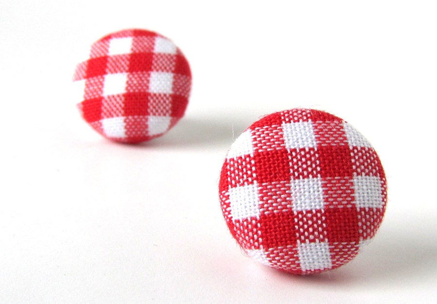 Red gingham stud earrings spring button white plaid tartan check