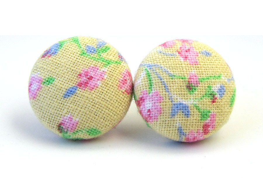 Vintage style stud earrings fabric button spring green blue pink beige