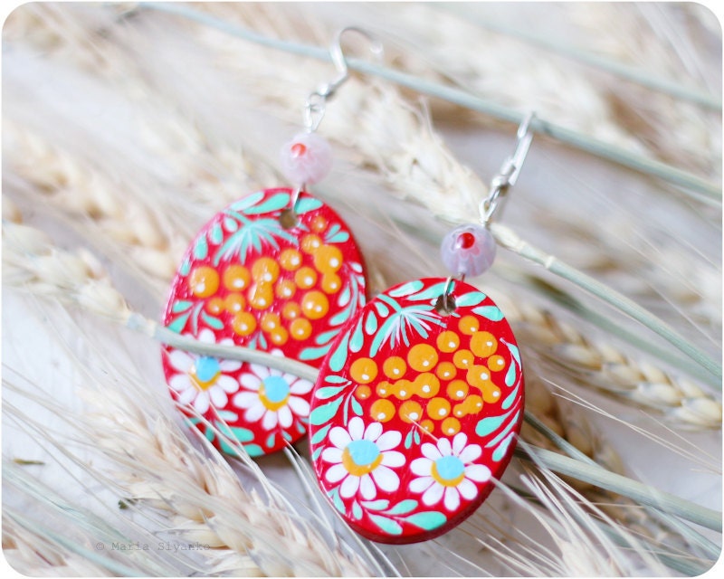 Sea Buckthorn earrings. Hand Painted Jewelry. Red White Yellow Flower Earrings. Floral fashion. Bright colors
