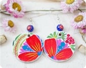 Flower Rainbow earrings. Hand Painted Jewelry. White Red Pink Flower Earrings. Floral fashion. Bright colors