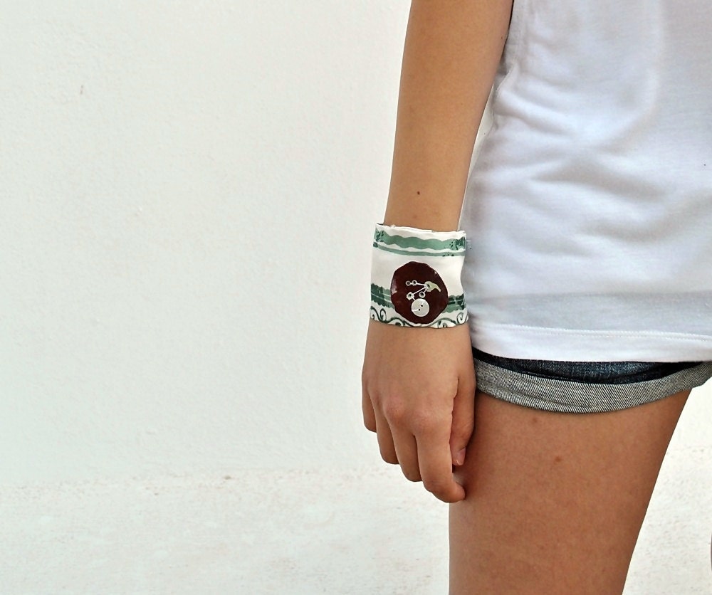 CIJ SALE 20% OFF - Cuff bracelet-Green and brown earthy fabric - woodlands - Ready to ship- eco friendly - zdrop