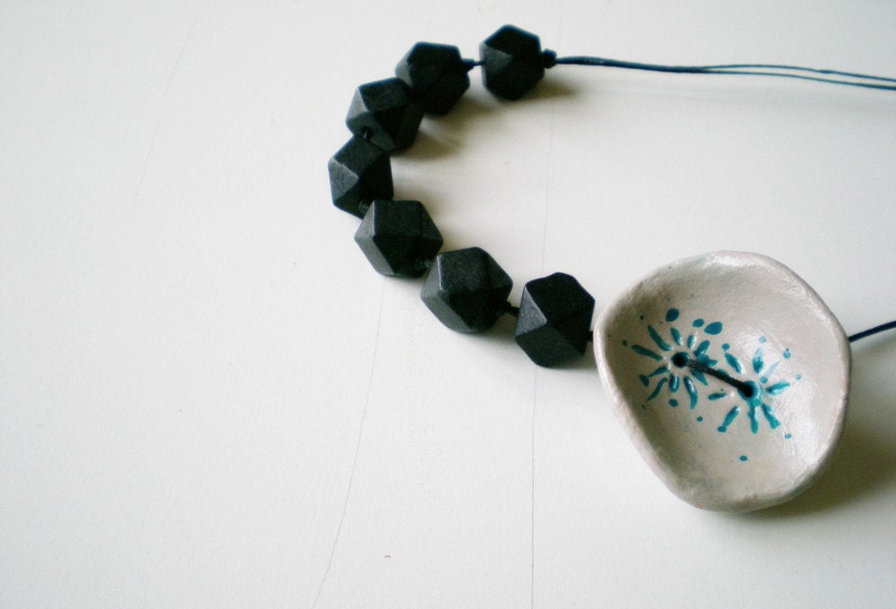 Black asymmetric beaded necklace with grey-turquoise wood clay flower- eco friendly- made to order