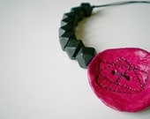 Black asymmetric beaded necklace with pink wood clay circular element- eco firendly- Made to order