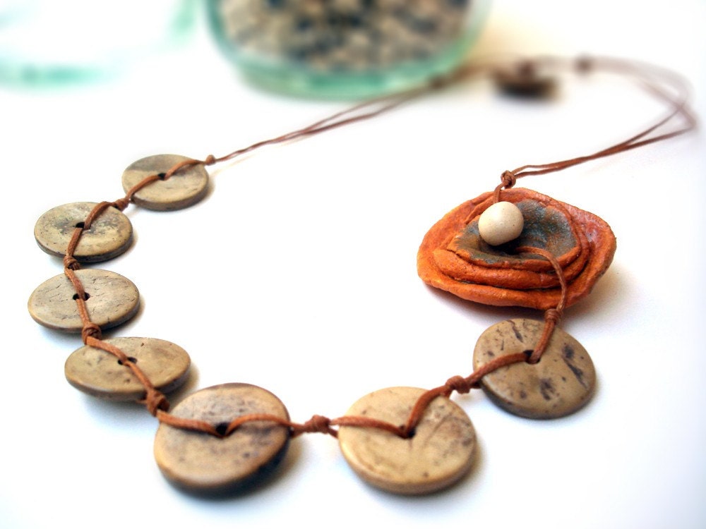 Beaded necklace with Mustard yellow wood clay flower- FREE SHIPPING- made to order
