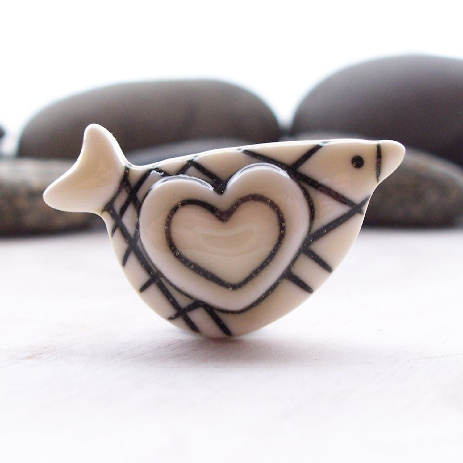 Wearable love bird art pretty little woodland birdie pin brooch with simple heart and stripes and shimmery cream yellow glaze