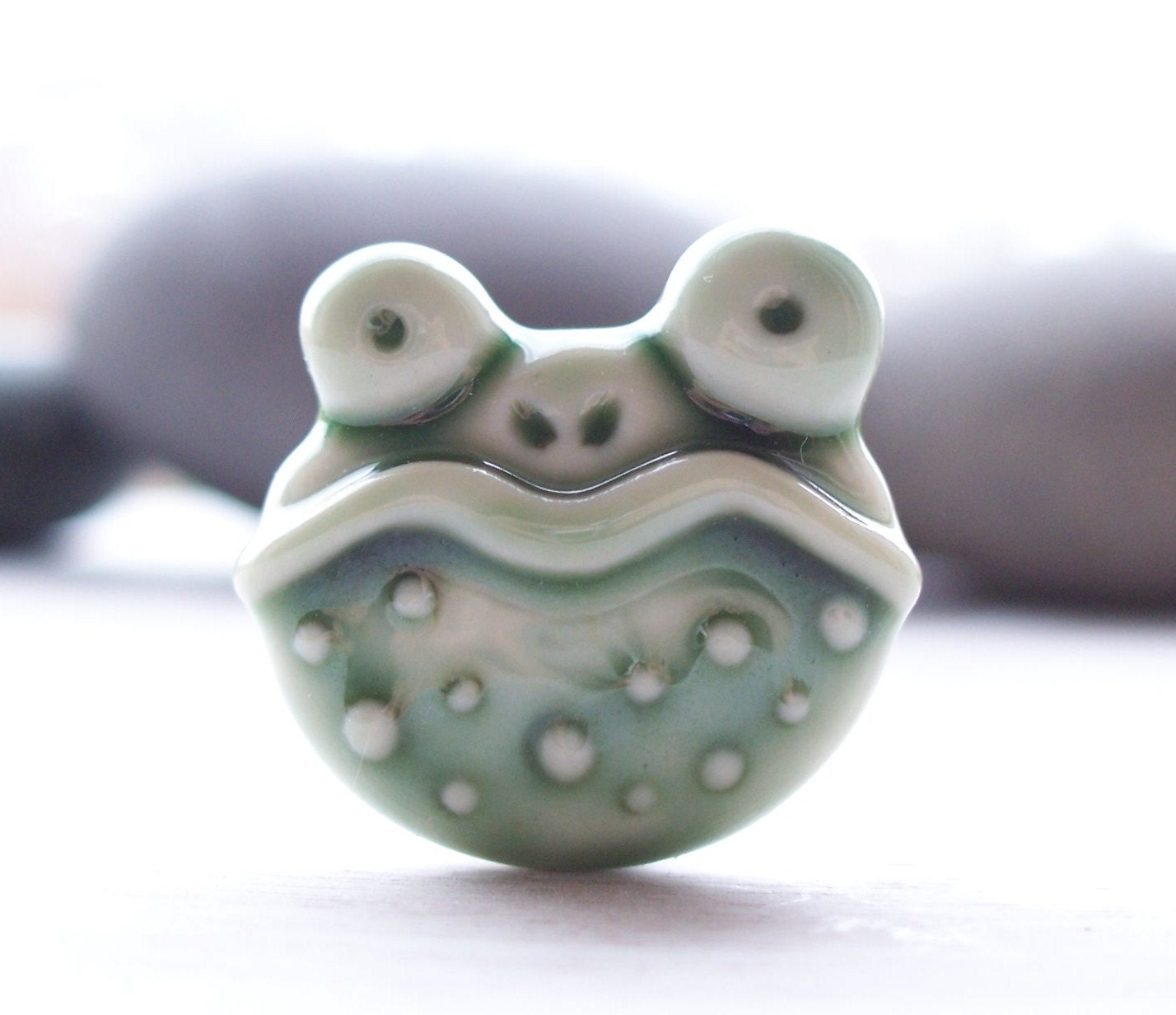 Frog Toad Pin Brooch Handmade Deep Frog Green Glazed Porcelain Amphibian Prince in Disguise