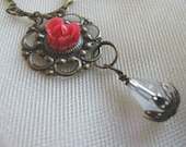Vintage Inspired Necklace with Brass Filigree, Rose Cabachon, Crystal Drop, Handmade Jewelry