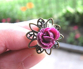 Purple Rose Ring Adjustable Brass Purple Flower Cabachon