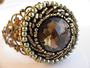 Brass Cuff Bracelet with Beaded Rhinestone