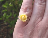 Resin Flower Ring Adjustable- Yellow Rose Cabachon, Silver Ring, Handmade Jewelry