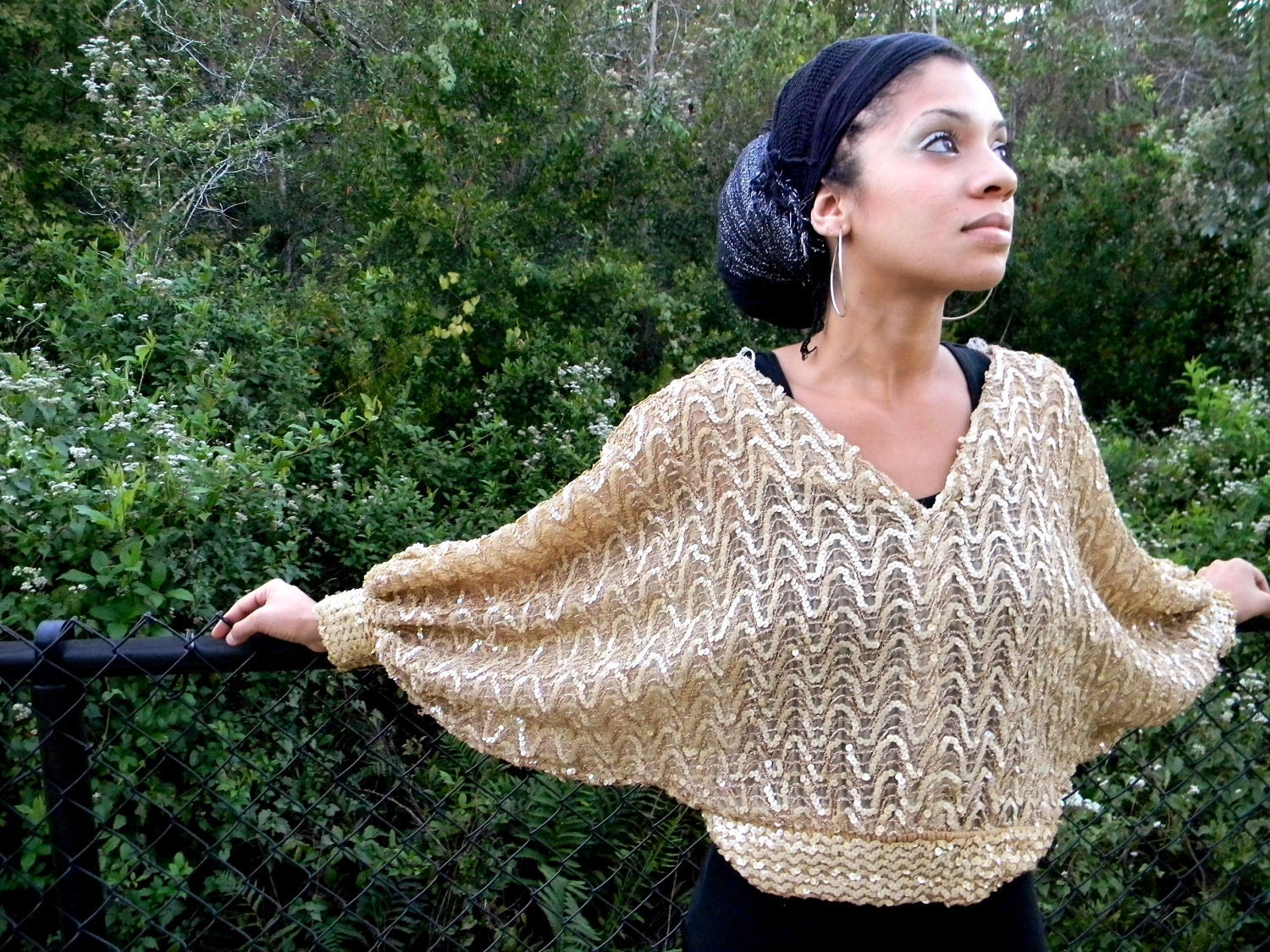 Vintage Disco Blouse - Dancefloor Goddess - Classic 70s/80s Glitter Ball Sequin Trophy Top in Beige Sequins w/ angel/batwing sleeves - s/m/l