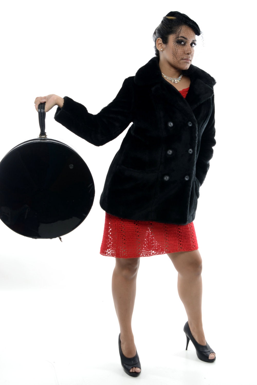 Mod Mad Men Glamor - Gorgeous Vintage 60s/70s Black Faux Fur Pea Coat/Jacket wi/ BIG buttons